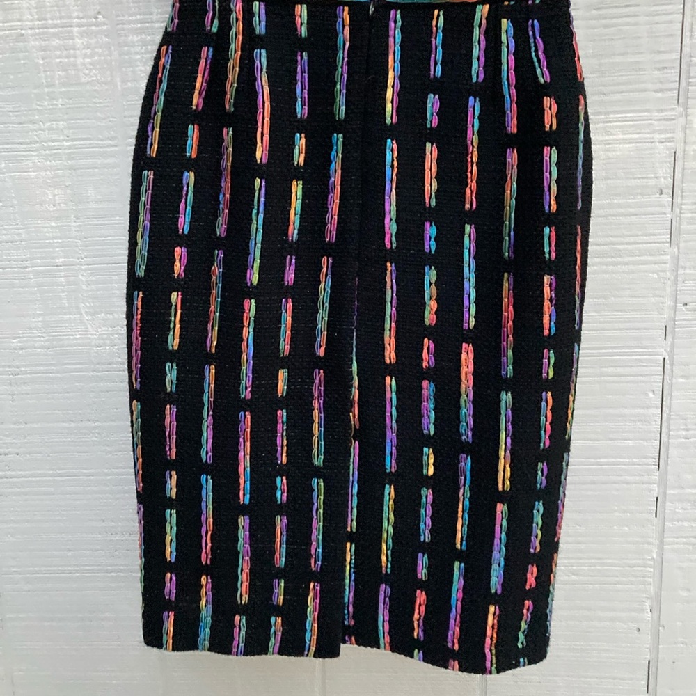 Size 42/L Claire Paris Black w/Multicolored Ribbons Pencil Skirt